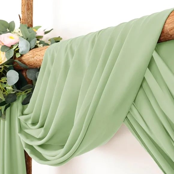 Elegant Sage Green Chiffon Archway Fabric- Boho Tasseled Linen Cotton Tablecloth - Picture 2 of 11